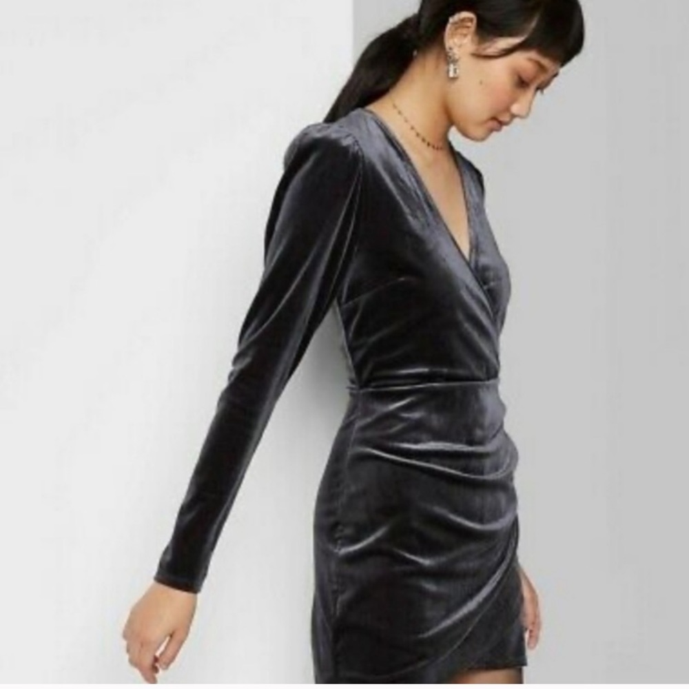 Wild Fable by Target Long Sleeve Dark Gray Velvet front wrap Mini Dress XS